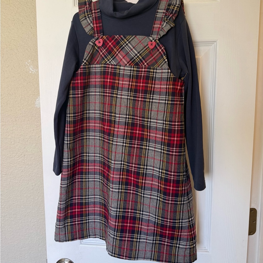 The Beaufort Bonnet Company Red, Grey, Navy Plaid Jumper with Navy Turtleneck